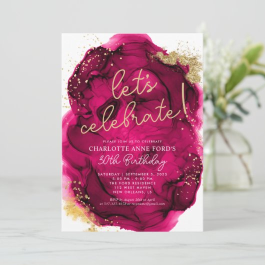 Glam Hot Pink Gold Glitter Alcohol Inkt Birthday Kaart (Staand voorkant)