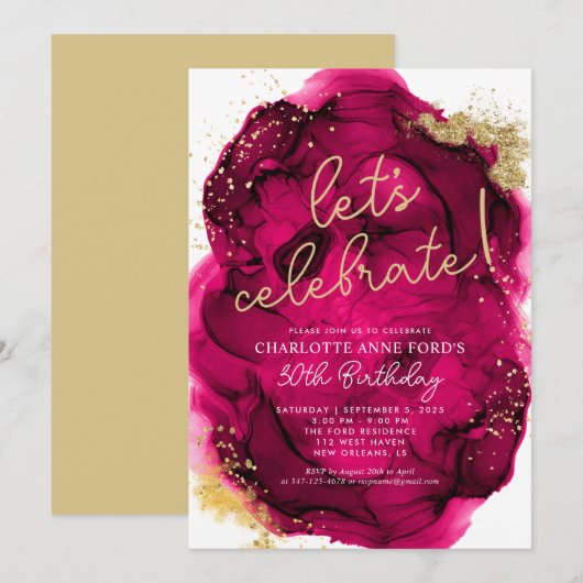 Glam Hot Pink Gold Glitter Alcohol Inkt Birthday Kaart (Voorkant / Achterkant)