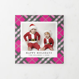 Glam Hot Pink Tartan Plaid Kerstmis Drieluik Wenskaart