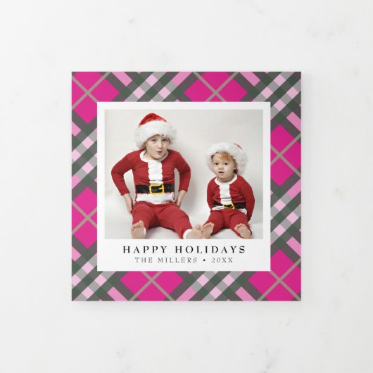 Glam Hot Pink Tartan Plaid Kerstmis Drieluik Wenskaart (Cover)