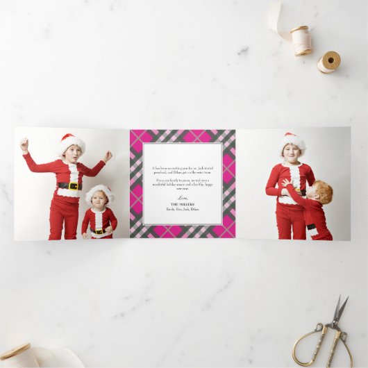 Glam Hot Pink Tartan Plaid Kerstmis Drieluik Wenskaart (Binnen)