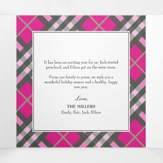 Glam Hot Pink Tartan Plaid Kerstmis Drieluik Wenskaart (Binnenkant midden)