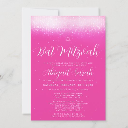 Glam Hot Roze Bat Mitzvah Kaart (Voorkant)