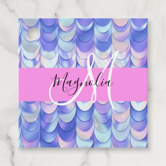 Glam Iridescent Blue Mermaid Scales Name Monogram Bedankjes Labels (Voorkant)