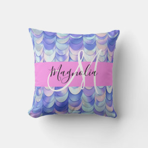 Glam Iridescent Blue Mermaid Scales Name Monogram Kussen