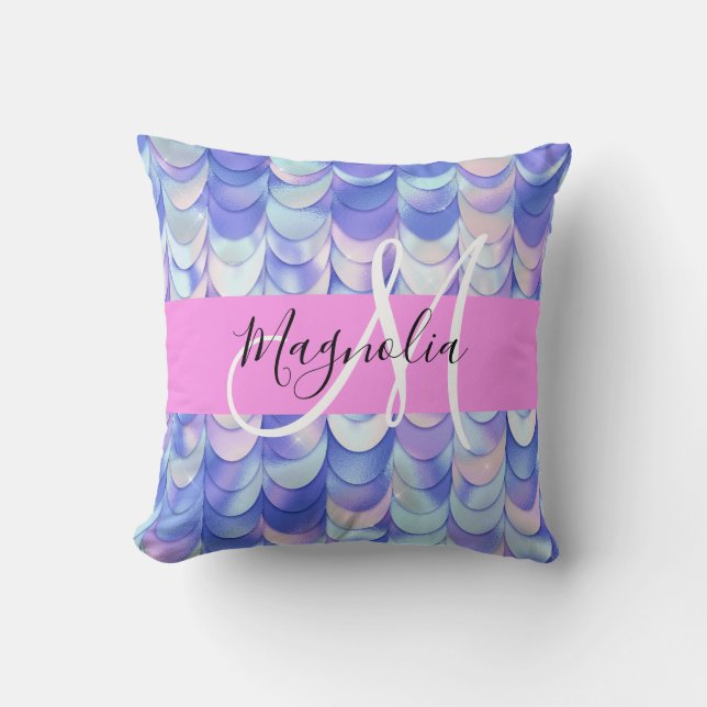 Glam Iridescent Blue Mermaid Scales Name Monogram Kussen (Voorkant)