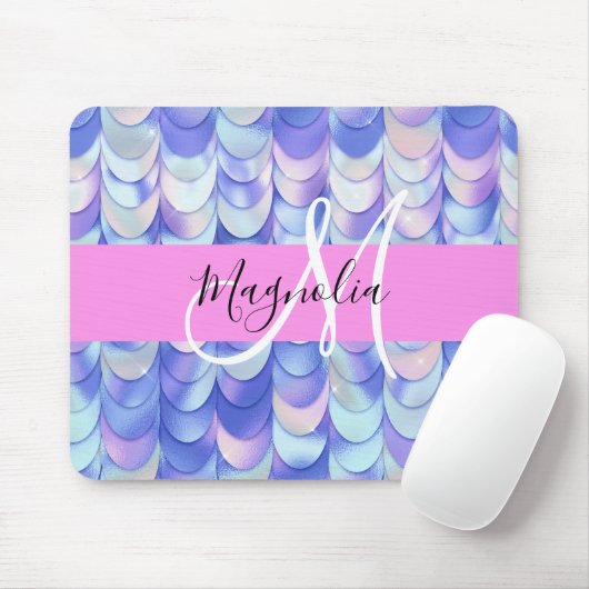 Glam Iridescent Blue Mermaid Scales Name Monogram Muismat (Met muis)