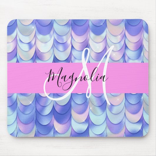 Glam Iridescent Blue Mermaid Scales Name Monogram Muismat (Voorkant)