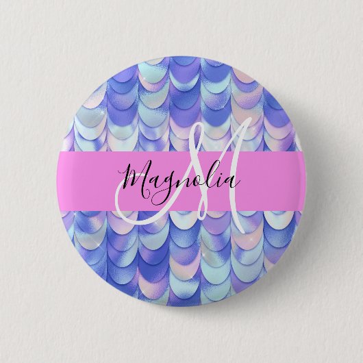 Glam Iridescent Blue Mermaid Scales Name Monogram Ronde Button 5,7 Cm (Voorkant)