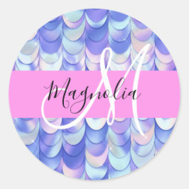 Glam Iridescent Blue Mermaid Scales Name Monogram Ronde Sticker