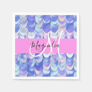 Glam Iridescent Blue Mermaid Scales Name Monogram Servet