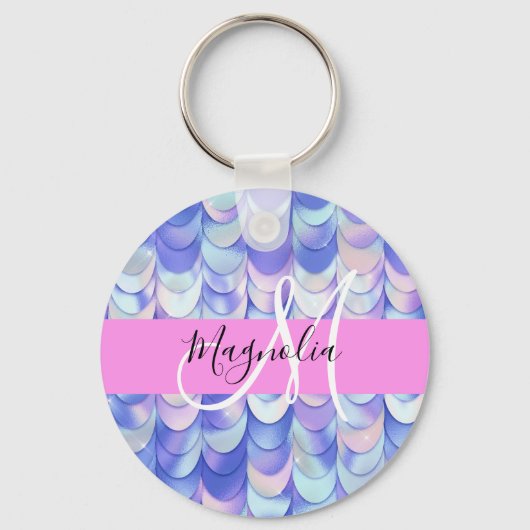 Glam Iridescent Blue Mermaid Scales Name Monogram Sleutelhanger (Voorkant)
