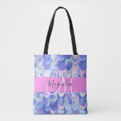 Glam Iridescent Blue Mermaid Scales Name Monogram Tote Bag (Voorkant)