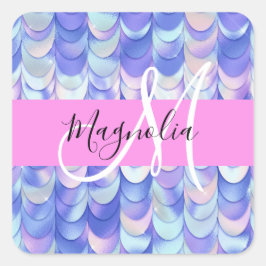 Glam Iridescent Blue Mermaid Scales Name Monogram Vierkante Sticker