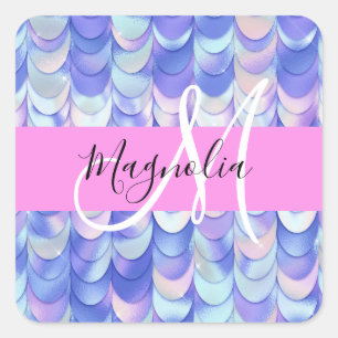 Glam Iridescent Blue Mermaid Scales Name Monogram Vierkante Sticker