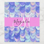Glam Iridescent Blue Mermaid Scales Name Monogram Wijn Etiket (Enkel label)