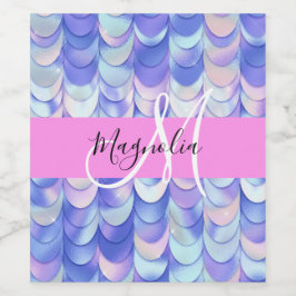 Glam Iridescent Blue Mermaid Scales Name Monogram Wijn Etiket