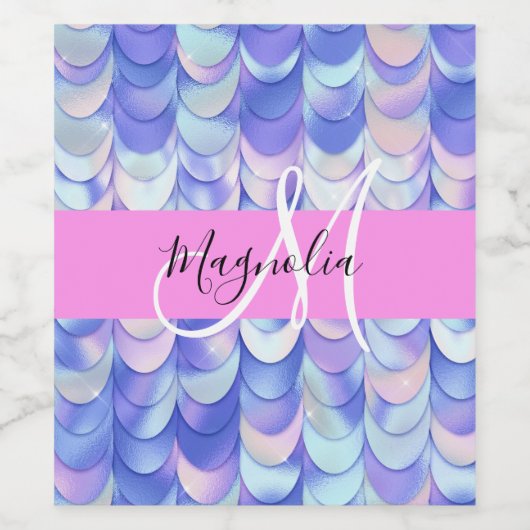 Glam Iridescent Blue Mermaid Scales Name Monogram Wijn Etiket (Enkel label)