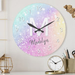 Glam Iridescent Glitter Personalized Colorful Ronde Klok<br><div class="desc">Easily personalize this elegant colorful bokeh glitter pattern with your custom name and/or monogram.</div>