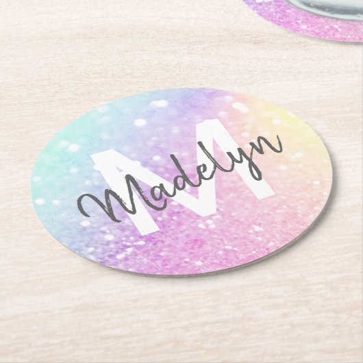 Glam Iridescent Glitter Persoonlijk Kleurrijk Ronde Kartonnen Onderzetter (Gebogen)