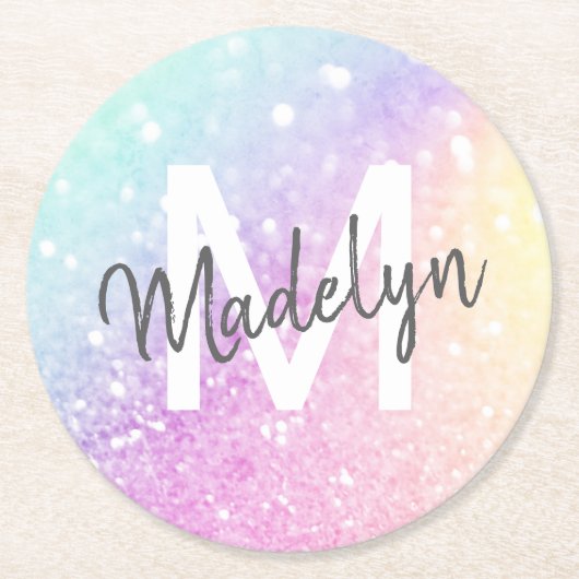 Glam Iridescent Glitter Persoonlijk Kleurrijk Ronde Kartonnen Onderzetter (Voorkant)