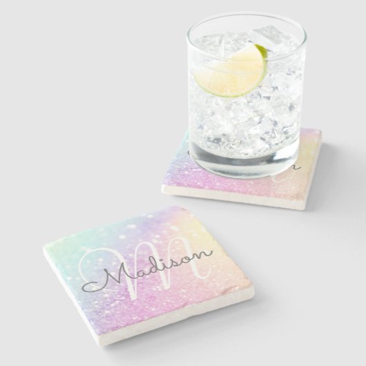 Glam Iridescent Glitter Persoonlijk Kleurrijk Stenen Onderzetter (Zijkant)