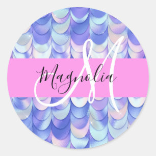 Glam Iridescente Blauwe Zeemeermin Schubben Naam M Ronde Sticker