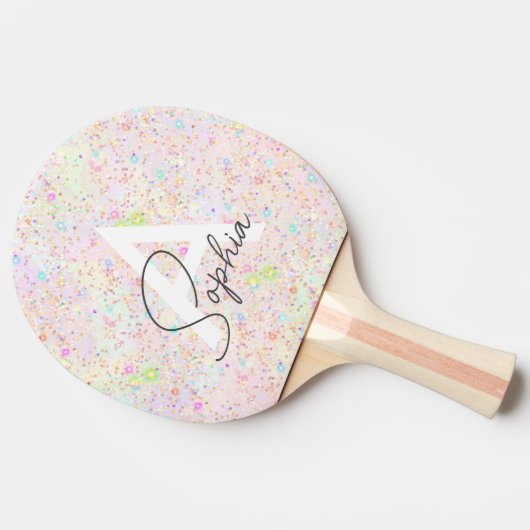 Glam iriserende holografische glitter monogram naa tafeltennisbatje (Zijkant)