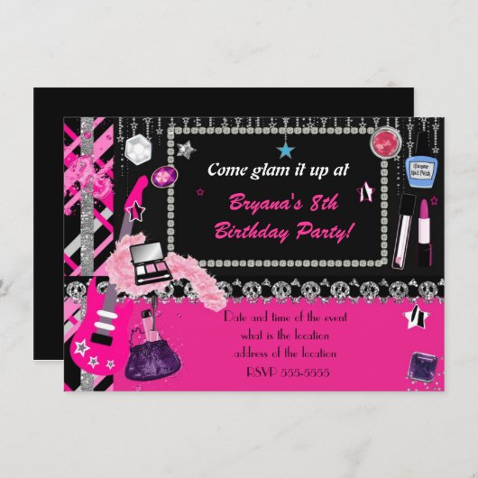 Glam It Up Rock Star Makeover Girls Uitnodiging (Voorkant / Achterkant)