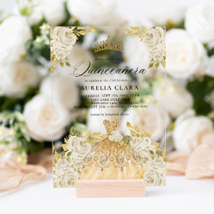 Glam Ivoor Gouden Jurk Bloem 15e Quinceañera Acryl Uitnodigingen