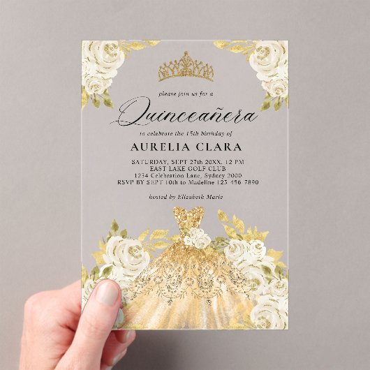 Glam Ivory Gouden Jurk Bloemen 15e Quinceañera Acryl Uitnodigingen (Insitu (Draagbaar))