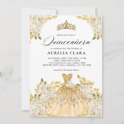 Glam Ivory Gouden Jurk Bloemen 15e Quinceañera Kaart (Voorkant)