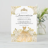 Glam Ivory Gouden Jurk Bloemen 15e Quinceañera Kaart (Staand voorkant)