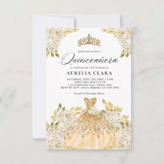 Glam Ivory Gouden Jurk Bloemen 15e Quinceañera Notitiekaartje (Voorkant)
