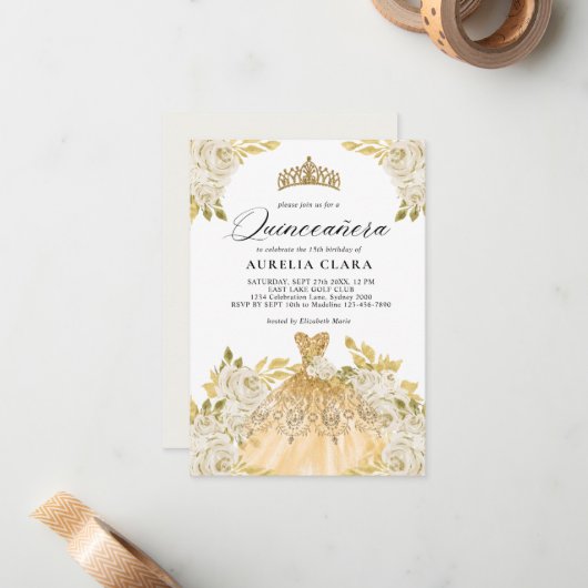 Glam Ivory Gouden Jurk Bloemen 15e Quinceañera Notitiekaartje (Voorkant / Achterkant in situ)