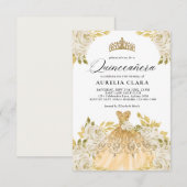 Glam Ivory Gouden Jurk Bloemen 15e Quinceañera Notitiekaartje (Voorkant / Achterkant)