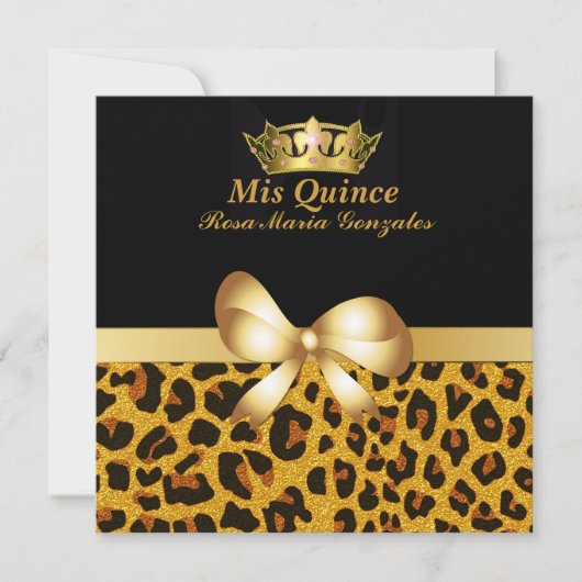 Glam Jaguar Print & Crown Quinceañera Uitnodiging (Voorkant)