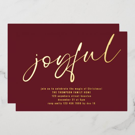 Glam Joyful Script Christmas Party Bourgondië Real Folie Uitnodiging (Voorkant / Achterkant)