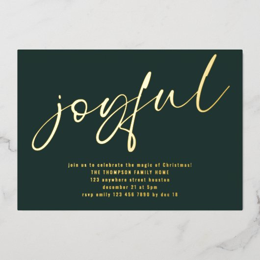 Glam Joyful Script Christmas Party Groen Echt Folie Uitnodiging (Voorkant)