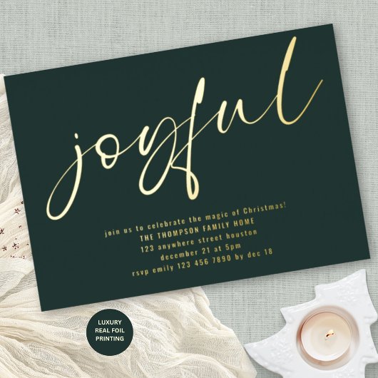 Glam Joyful Script Kerstfeest Borrel Groen Echt Folie Uitnodiging