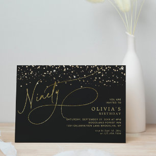 Glam Kalligrafie Zwart Goud Confetti 90e Verjaarda Kaart