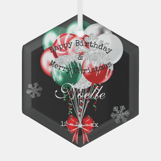 Glam Kerstmis Birthday Balloons en Snowflakes Glas Ornament (Voorkant)