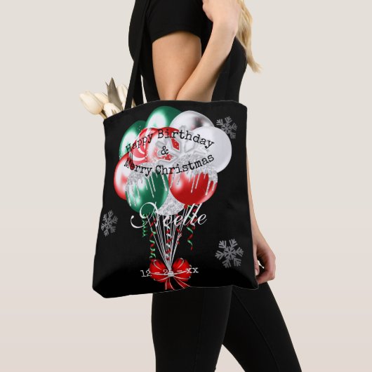 Glam Kerstmis Birthday Balloons en Snowflakes Tote Bag (Dichtbij)
