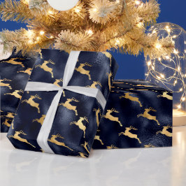 Glam Kerstmis Deer Pattern marine Blue Gold Foil Cadeaupapier