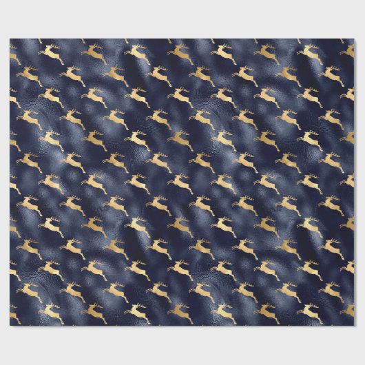 Glam Kerstmis Deer Pattern marine Blue Gold Foil Cadeaupapier (Vlak)