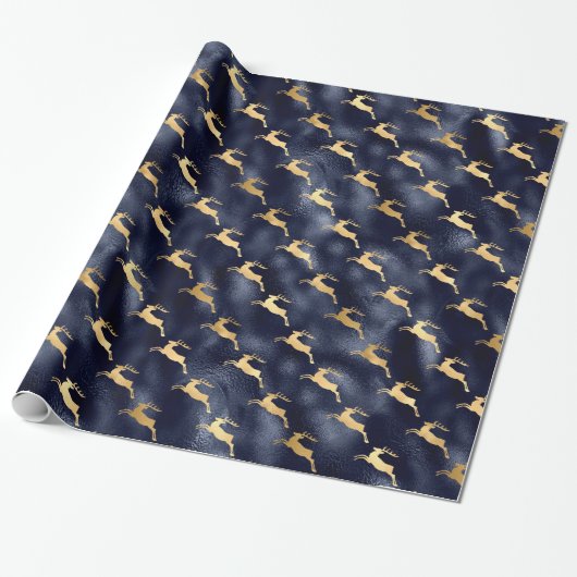 Glam Kerstmis Deer Pattern marine Blue Gold Foil Cadeaupapier (Uitgerold)