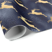 Glam Kerstmis Deer Pattern marine Blue Gold Foil Cadeaupapier (Rol Hoek)