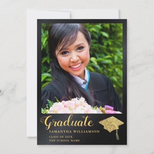 Glam Klasse van 2025 Zwart en Goud Foto Afstuderen Aankondiging (Voorkant)