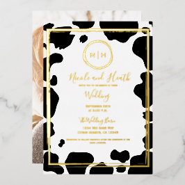 Glam Koeienprint Moderne Rand Trouwfoto Goud Folie Uitnodiging