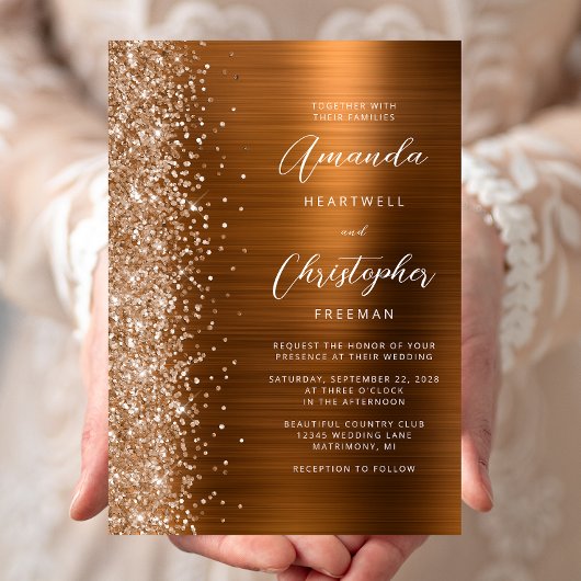 Glam Koper Geborsteld Metaal Glitter Bruiloft Kaart